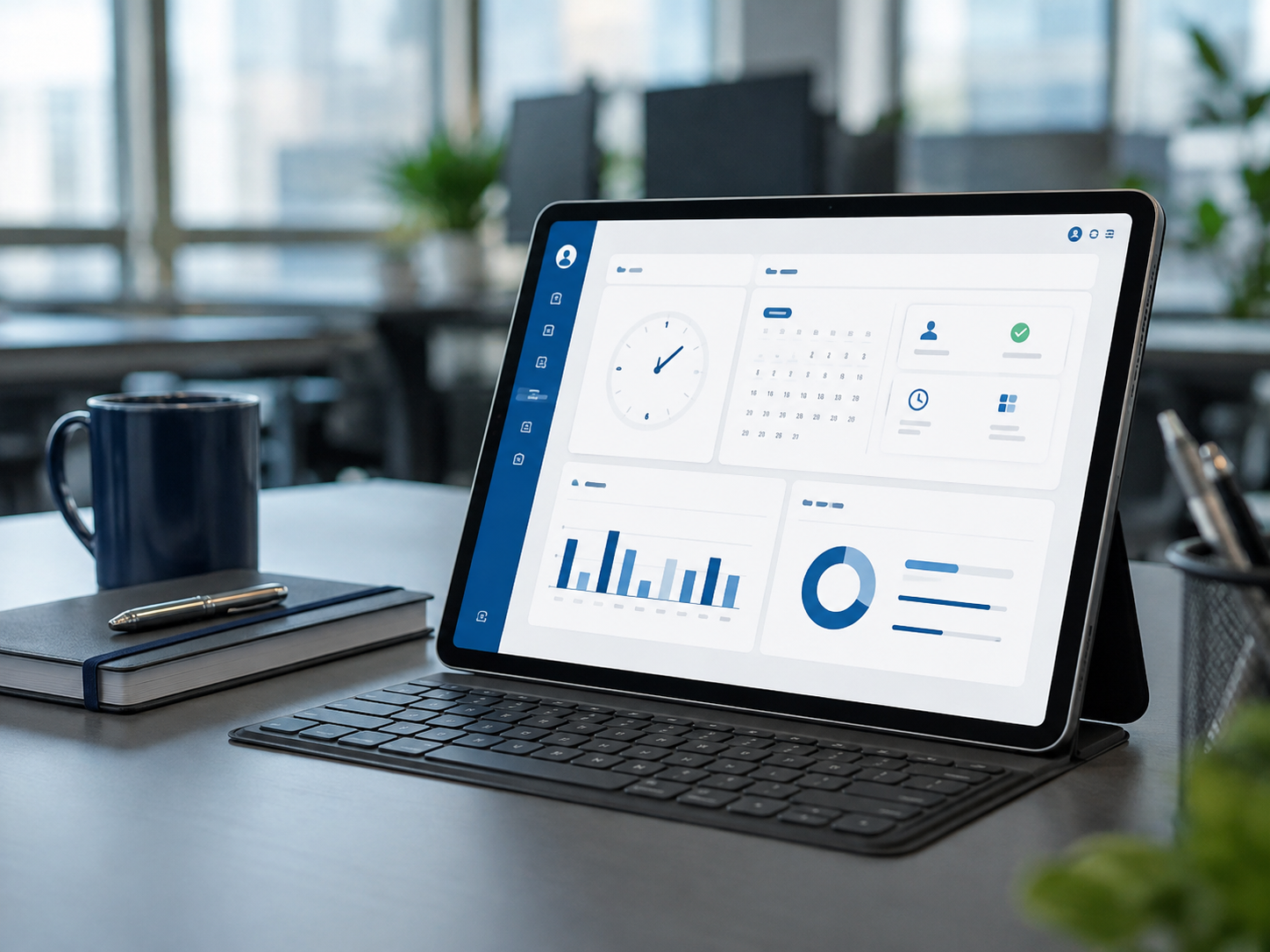 Painel de gestão de ponto do MD Comune em notebook sobre mesa de escritório